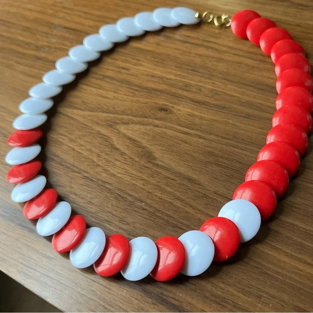 Vintage Cherry Red and Pure White Acrylic Beaded Necklace and Earring Set A1